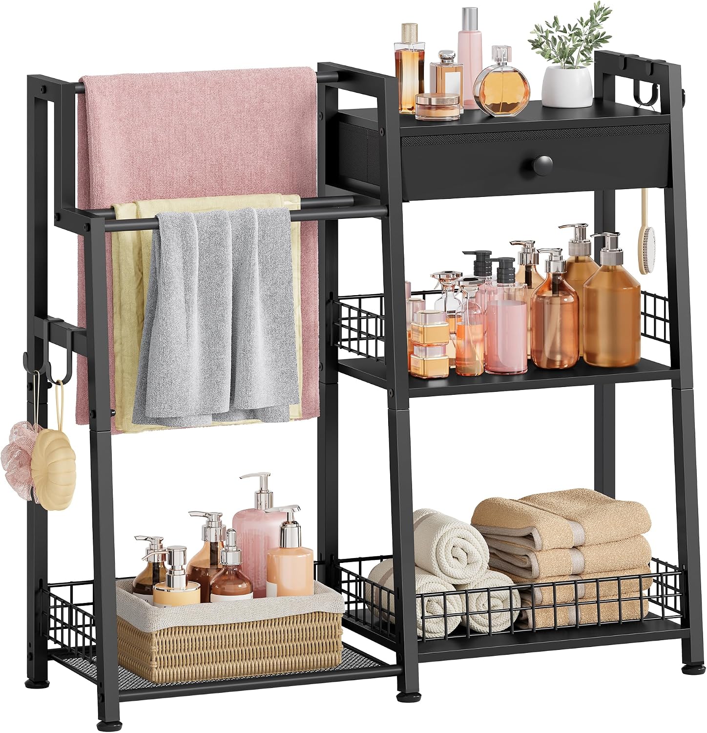 Gewudraw 2-in-1 Bathroom Ladder Shelf with Towel Rack&Storage Drawer, Black | 3-Tier Bathroom Organizers and Storage with Hooks, Bathroom Towel Storage, Towel Shelf for Laundry Room, Living Room, Balcony