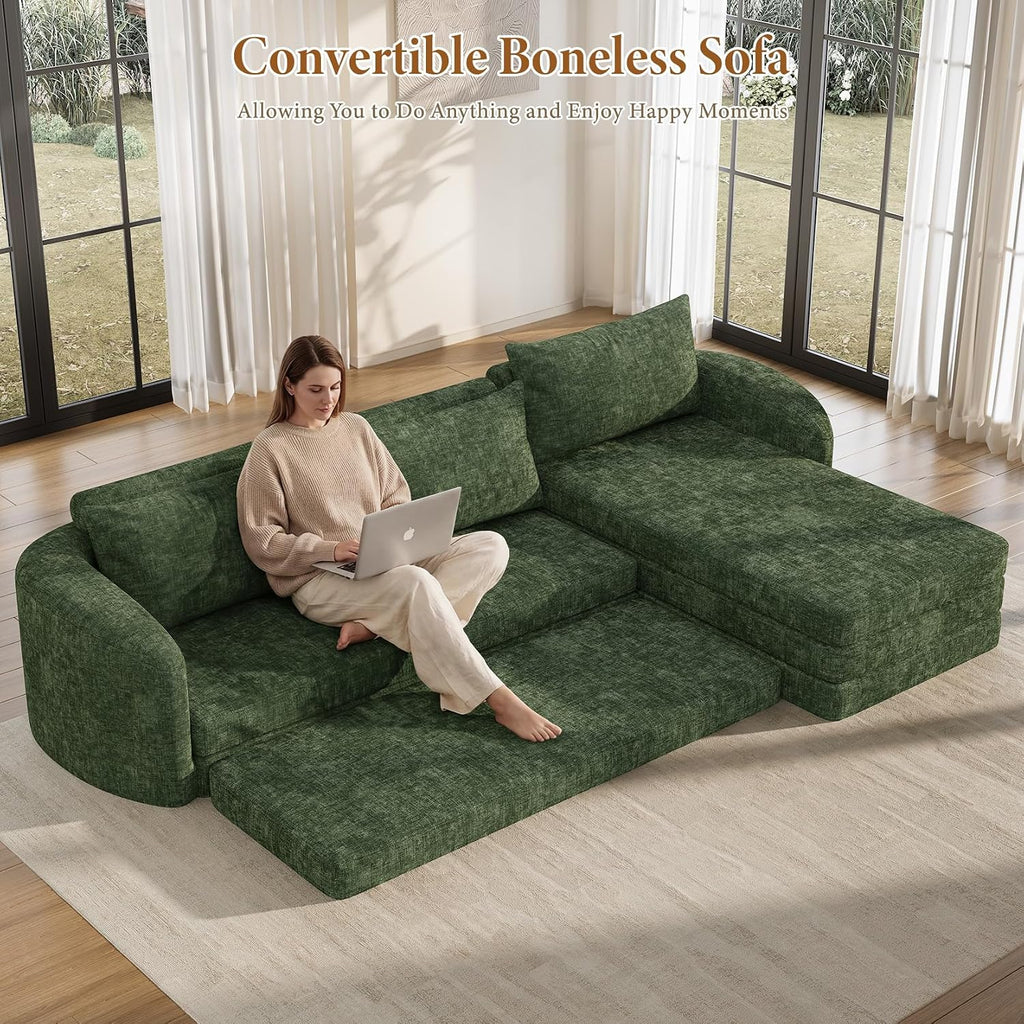 Vesgantti 6 in 1 Convertible Folding Sofa Bed, Futon Sectional Couch, Green | 110.2" L Shaped Modular Sleeper Sofa, Curved Armrest, Deep Seat Boneless Couches for Living Room, Chenille, Right Facing