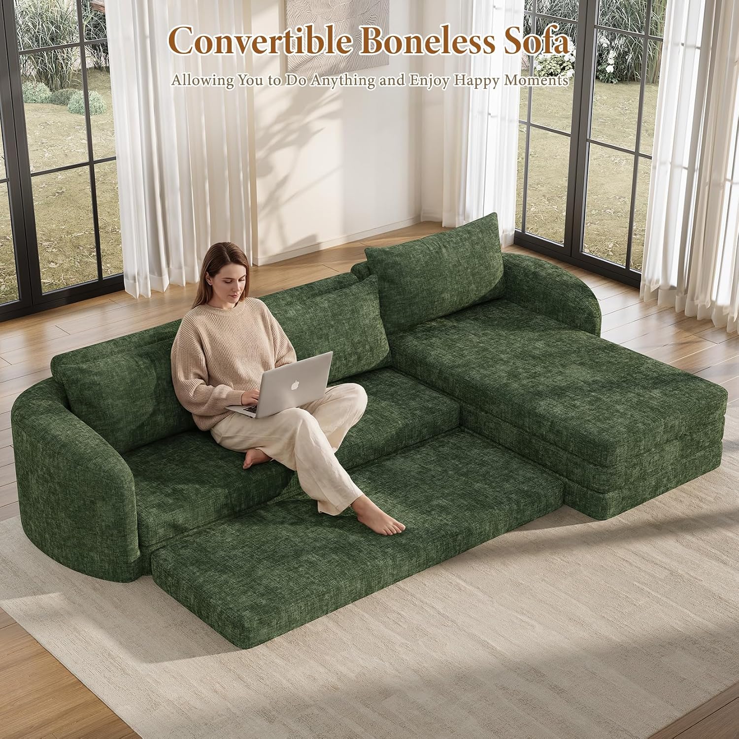 Vesgantti 6 in 1 Convertible Folding Sofa Bed, Futon Sectional Couch, Green | 110.2" L Shaped Modular Sleeper Sofa, Curved Armrest, Deep Seat Boneless Couches for Living Room, Chenille, Right Facing