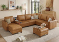 SITJOY 132" Faux Leather Modular Sectional Sofa with Storage, Mid Century Modern Sectional Couches for Living Room, 8 Seat V Shaped Couch with Ottoman and Console Table, Hidden Cupholders, Brown