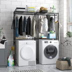 Xiofio Washer and Dryer Storage Shelf,Clothes Drying Rack,2 Tier Adjustable Height Storage Shelving with 2 Side Hook Laundry Shelves Used for Bathroom, Bedroom,Balcony,Black