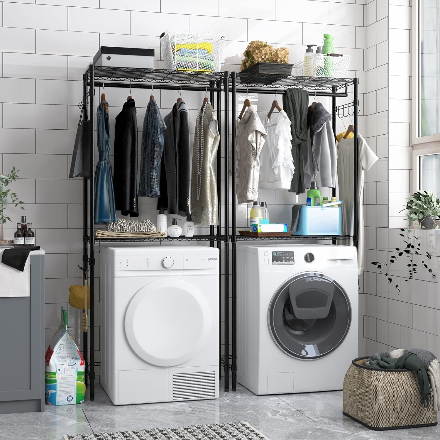 Xiofio Washer and Dryer Storage Shelf,Clothes Drying Rack,2 Tier Adjustable Height Storage Shelving with 2 Side Hook Laundry Shelves Used for Bathroom, Bedroom,Balcony,Black