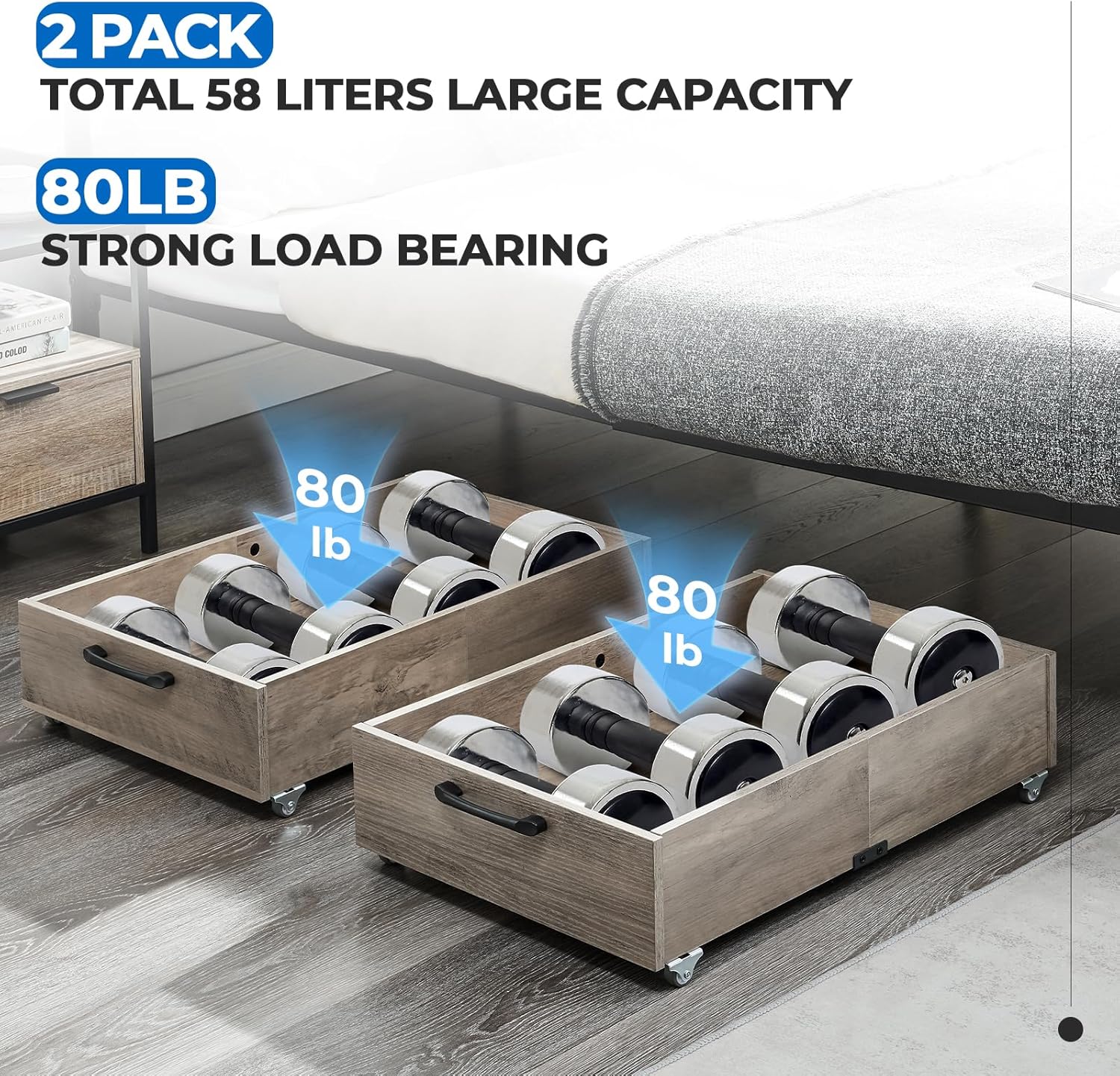 Under Bed Storage with Wheels, 2-Pack Under Bed Shoe Storage Organizer Drawer, Composite Wood Organizer for Shoes Clothes Containers in Bedroom for Clothes,Shoes(Grey)