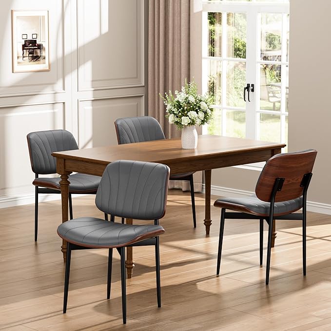 Dining Chairs Set of 2, Dining Room and Kitchen Chairs, Mid Century Modern Accent Chair, Upholstered PU Leather Chairs for Vanity with Walnut Bentwood and Metal Legs, Gray
