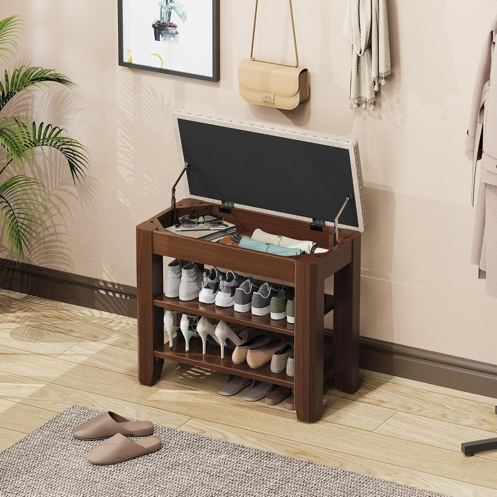 Shoe Bench for Entryway, Solid Rubberwood Shoe Bench with Hidden Storage, Adjustable 2-Tier Shelves & Soft PU Leather Seat, Shoe Rack Durable Easy Assembly for Hallway or Bedroom - Beige, 23.6"