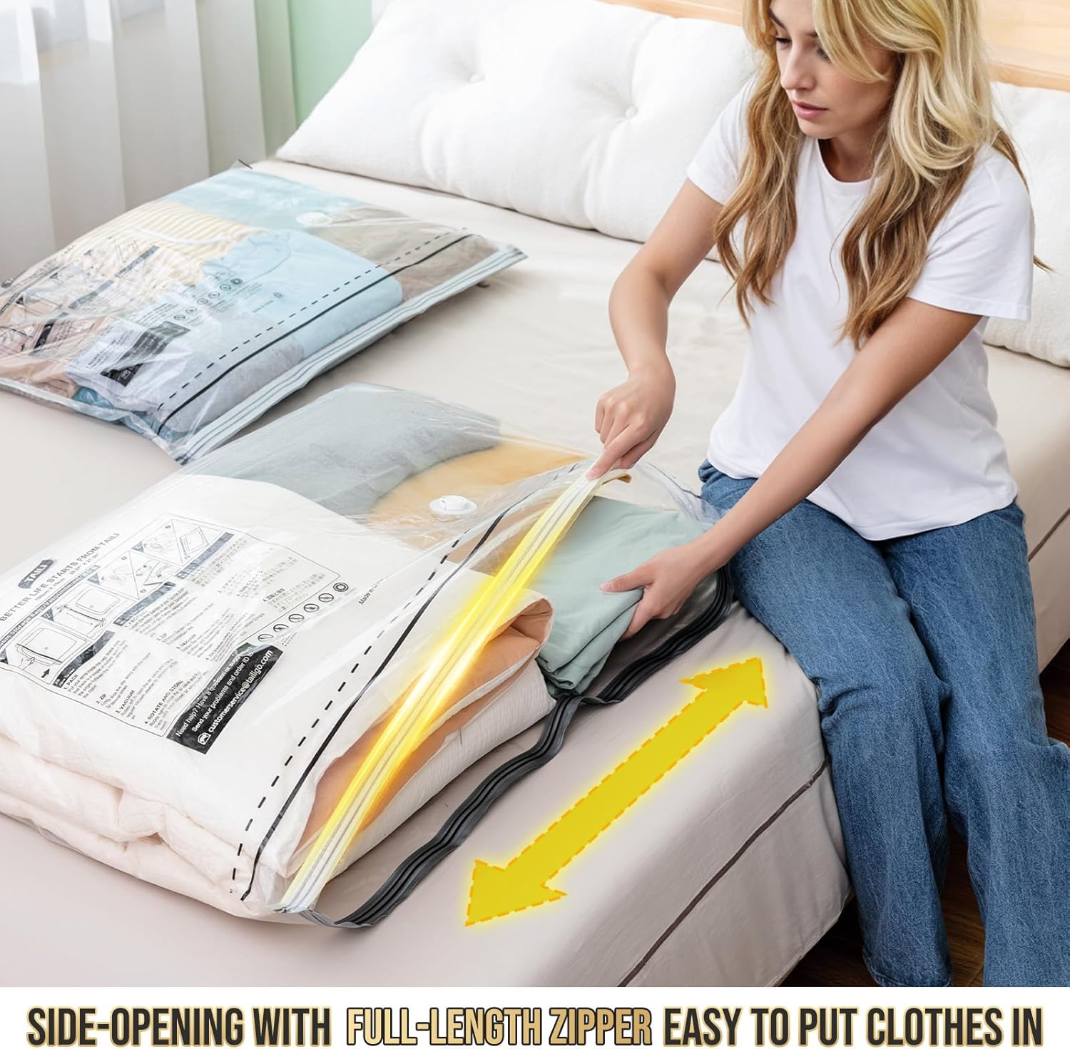 TAILI 6 Pack Vacuum Storage Bags, LONG SIDE ZIP (39x28 inch), Vacuum Seal Bags for Clothing, Jumbo Storage Space Saver for Beddings, Comforters, Blanket, Pillows and Clothes