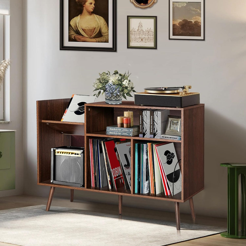 Large Record Player Stand, Mid-Century Vinyl Record Storage Table with Wood L...