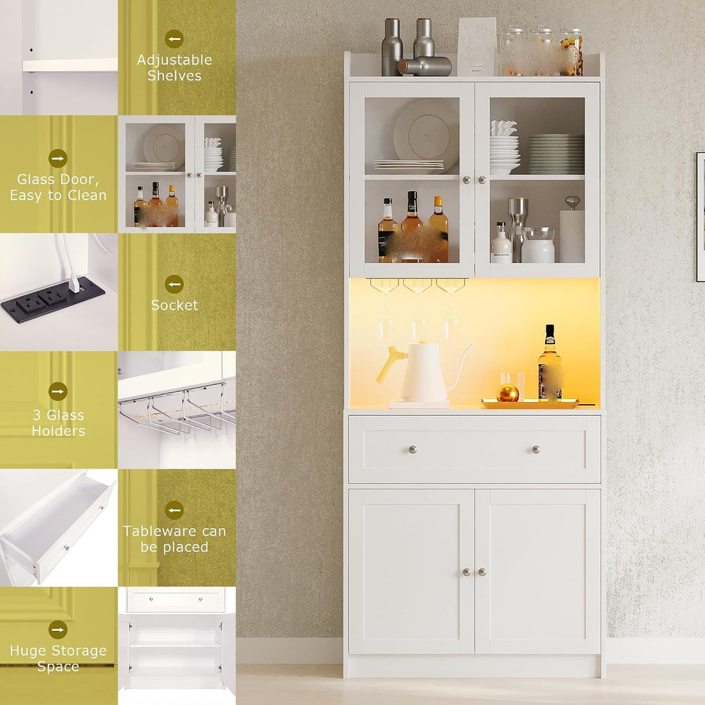 Kitchen Pantry Storage Cabinet 75.2” Tall, Modern Microwave Stand with Chargi...