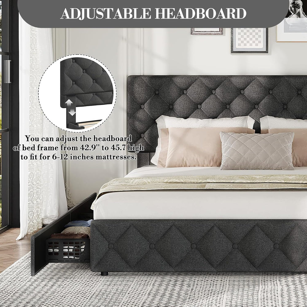 Queen Size Bed Frame with Adjustable Headboard & 4 Storage Drawers - Diam...