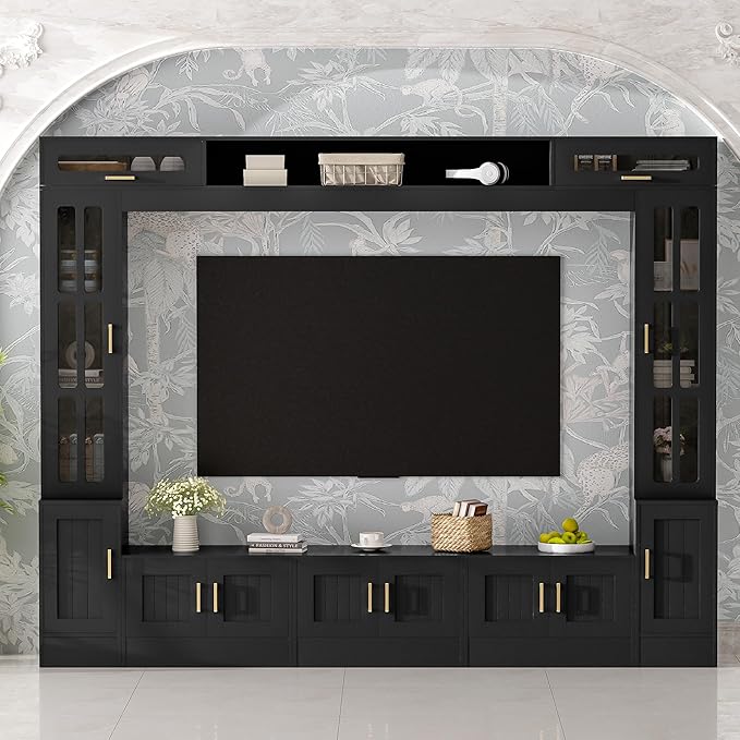 98.4" W Wall Unit Entertainment Center with Bookshelves for TVs up to 80", Modern TV Stand Media Console with Cabinets, Tempered Glass Doors for Living Room (Black/T3)