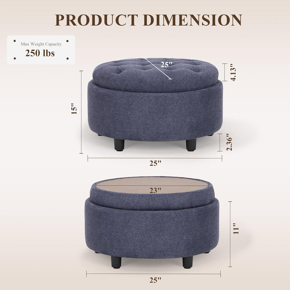 COLAMY Fabric Round Storage Ottoman with Reversible Tray Lid – Multi-Function...