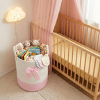 Pink Laundry Hamper with Bow, Tall Storage Basket for Nursery | Woven Cotton Rope Blanket and Toy Basket, 15x17.7in, Living Room Nursery & Bedroom, Clothes Storage Pink Bow