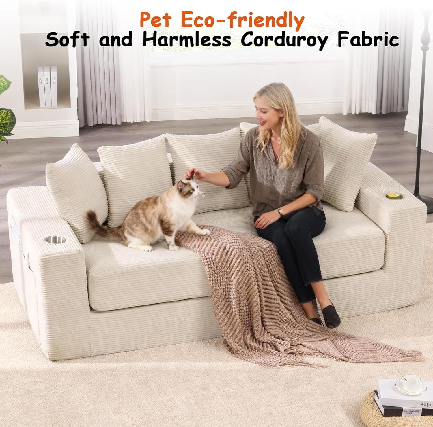 76" Convertible Sofa Bed, Corduroy Boneless Couch with Cup Holders & Pocket | 2-in-1 Sleeper Sofa, Pull-out Couch Bed with 5 Pillows, Living Room, Small Spaces, Bedroom, No Assembly