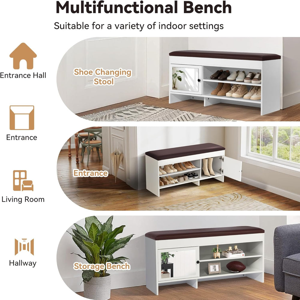 40.5 in Shoe Bench with Storage, Storage Bench, Padded Seat, White | Lift-top...