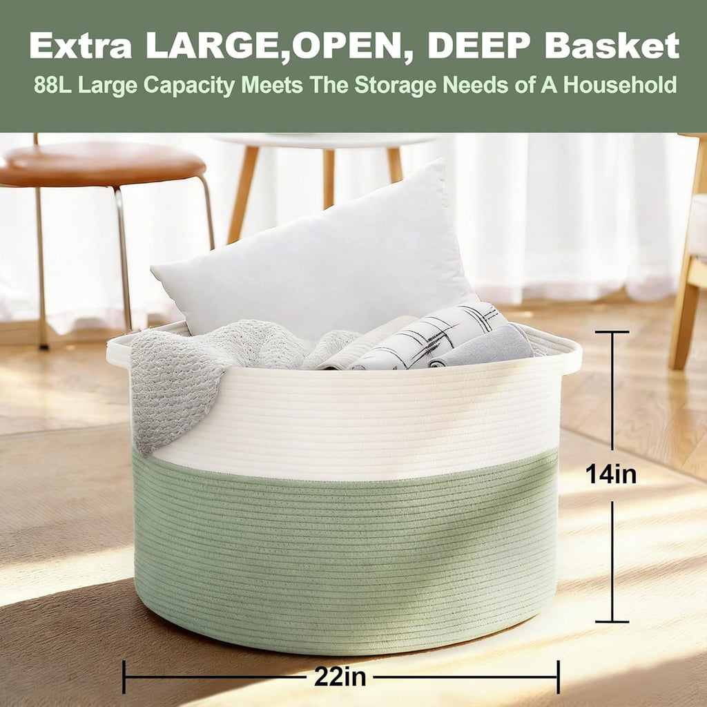 MEGASKET Extra Large Blanket Basket, 22" X 22" X 14" Kids Dog Toy Storage Bin Box, Nursery Baby Toddler Toy Organizer, Soft Cotton Rope Woven Bin, Large Basket for Blankets for Living Room, Green