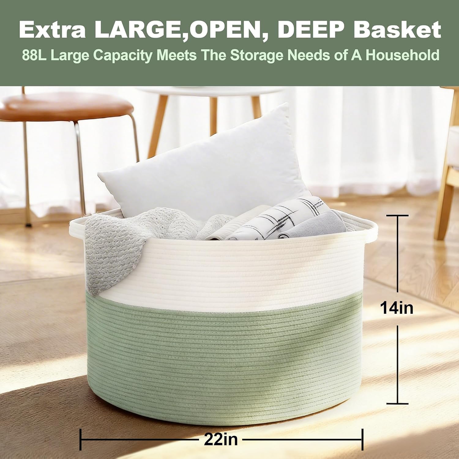 MEGASKET Extra Large Blanket Basket, 22" X 22" X 14" Kids Dog Toy Storage Bin Box, Nursery Baby Toddler Toy Organizer, Soft Cotton Rope Woven Bin, Large Basket for Blankets for Living Room, Green