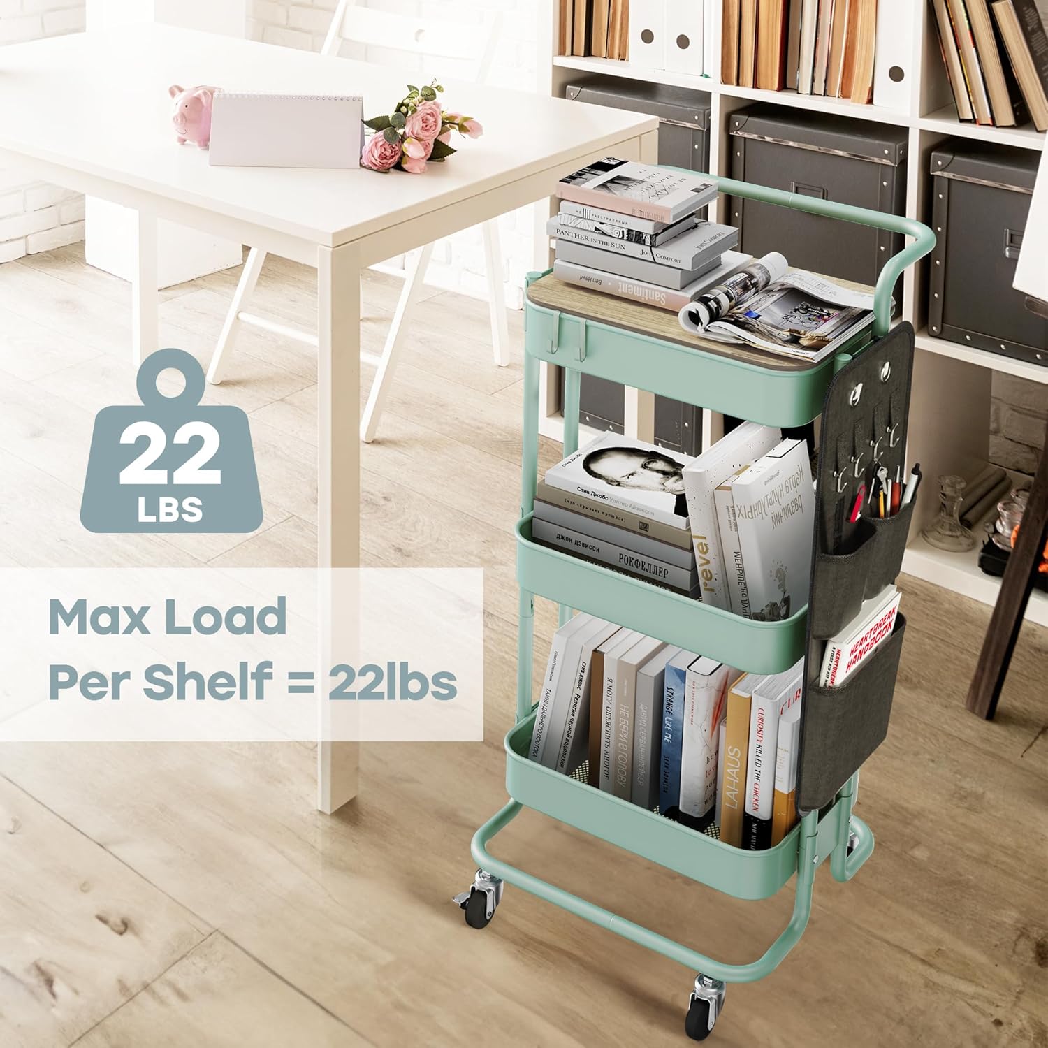 DTK 3 Tier Metal Utility Rolling Cart with Table Top and Side Bags, Metal Tray Storage Organizer Cart with Wheels, Art Craft Cart with 4 Hooks for Kitchen Bathroom Office Living Room (Green)