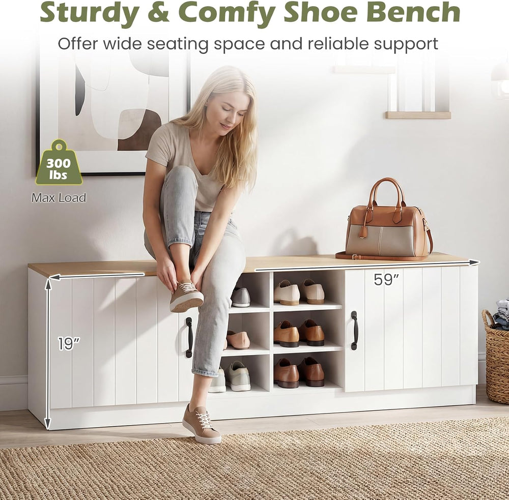 Giantex 2-Door Shoe Storage Bench, Wooden Entryway Bench with Storage, Adjust...