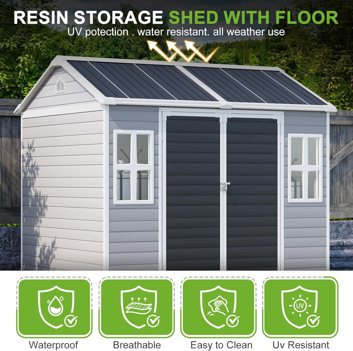 8x6 Shed Plastic Outdoor Storage with Floor Included, Waterproof Lockable Garden Shed Resin Tool Shed Cabinet