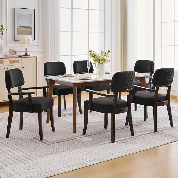 Velvet Dining Chairs with Arms Set of 6, Upholstered Dining Room Chairs with Hardwood Legs & Open Curved Backrest,Modern Accent Kitchen Chairs 350 LBS Capacity, Black