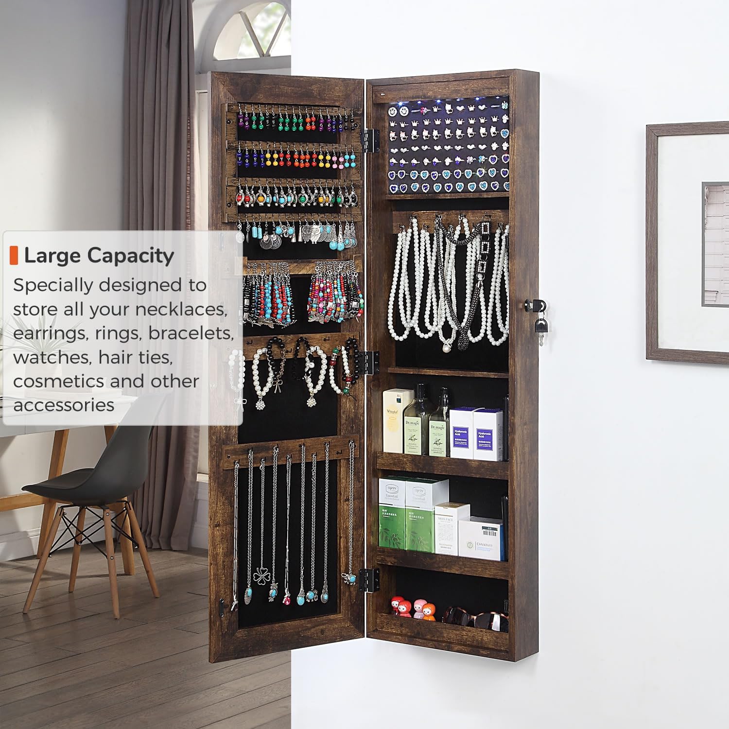 GISSAR Full Length Mirror Jewelry Cabinet, 6 LEDs Jewelry Armoire Wall Mounted Over The Door Hanging, Jewelry Organizer Display Storage Furniture with Lights Locker Mirrored Cabinet, Vintage Brown