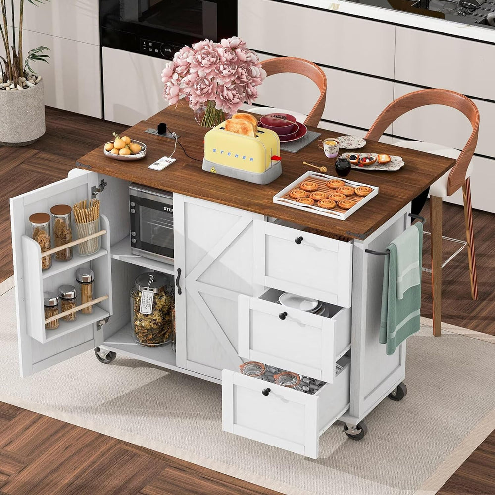 Kitchen Island with Power Outlet and Drop Leaf, Breakfast Bar Table with Vert...