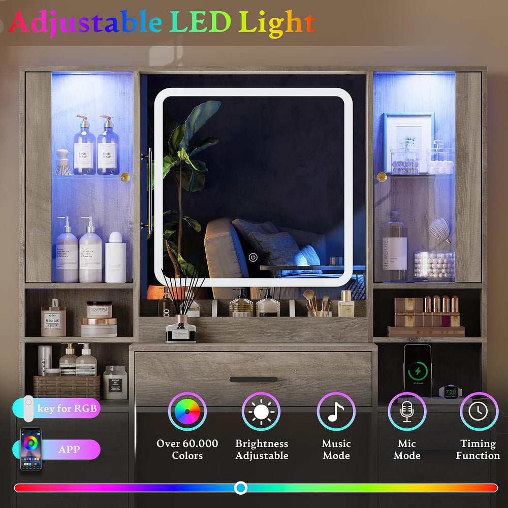 HUANLEGO Makeup Vanity Desk with Mirror and LED Lights for Girls, Grey | Farm...
