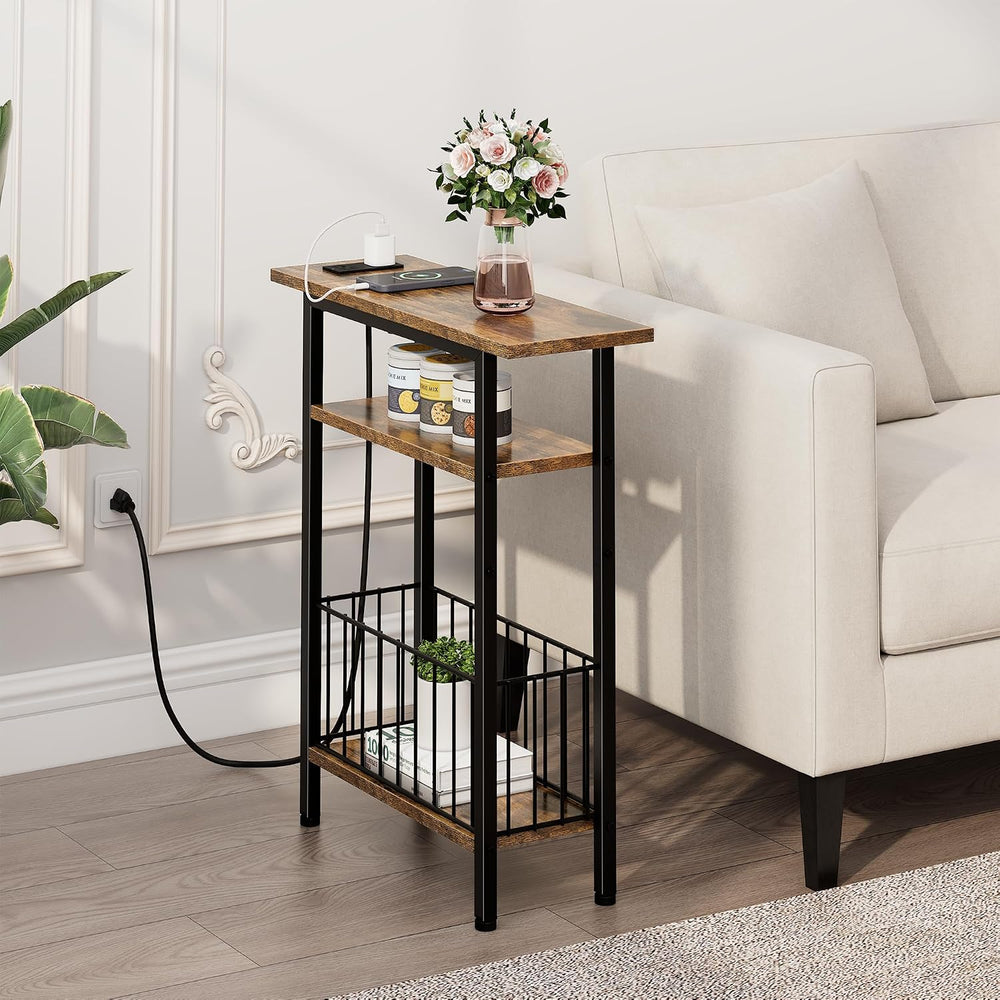 Vagusicc Narrow Side Table with Charging Station, 3-Tier Skinny Side End Tabl...