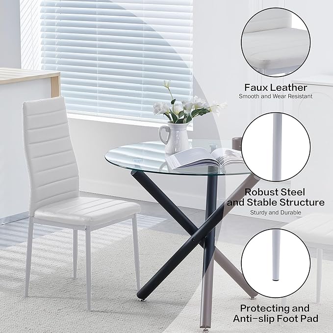PU Dining Chairs Set of 4, Modern Kitchen & Dining Room Chairs Faux Leather Upholstered Dinner Chairs with Metal Legs for Small Space (White, Horizontal line)