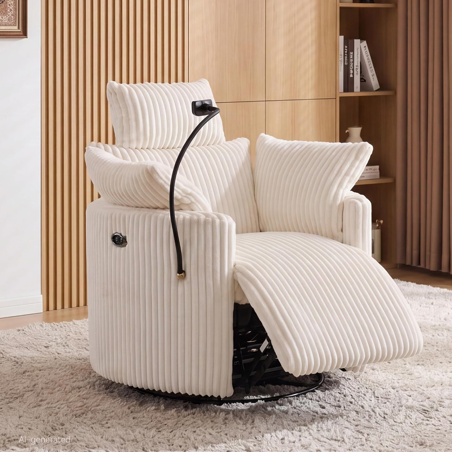 FOXHUNTER Power Nursery Rocking Chairs 300°Swivel Corduroy, White | 30° Rocking Mode, Glider Rocking Recliner With USB Port, Phone Holder,2 Cushions, Adjustable Headrest,for Living Room
