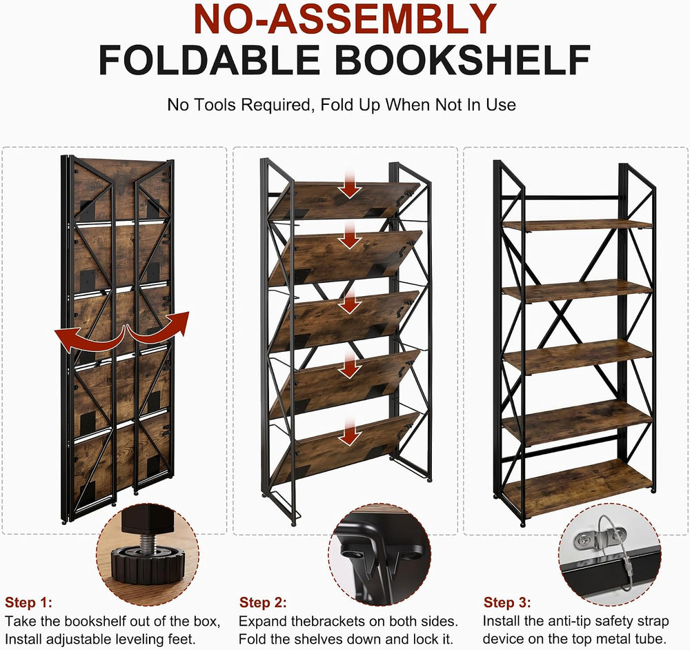 5 Tier Folding Bookshelf, No Assembly Foldable Storage Shelves, Brown