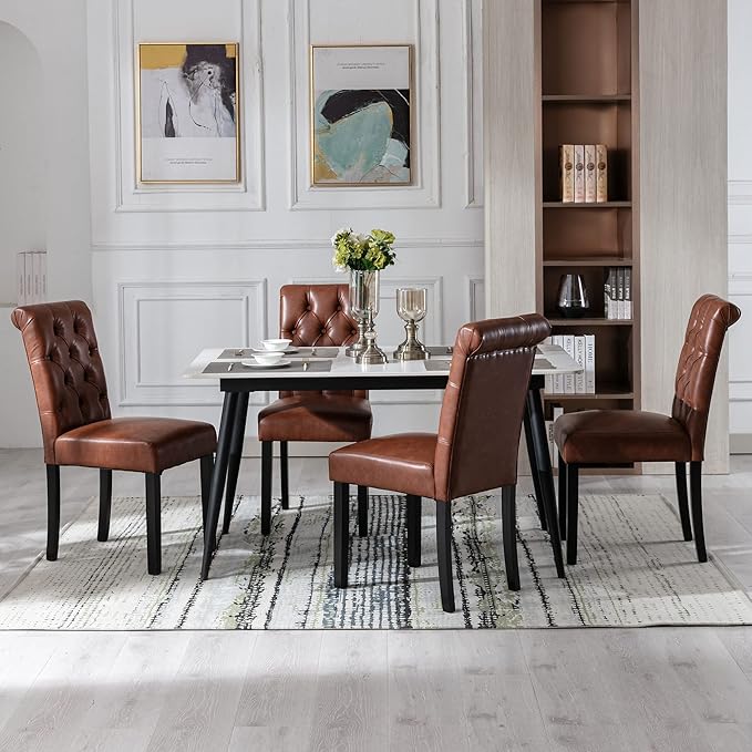 Farmhouse Dining Chairs Set of 8, PU Leather Kitchen Chairs Modern Tufted Accent Chair Solid Wood Parsons Side Chairs for Living Room/Bedroom/Resturant/Dinner, (Brown)