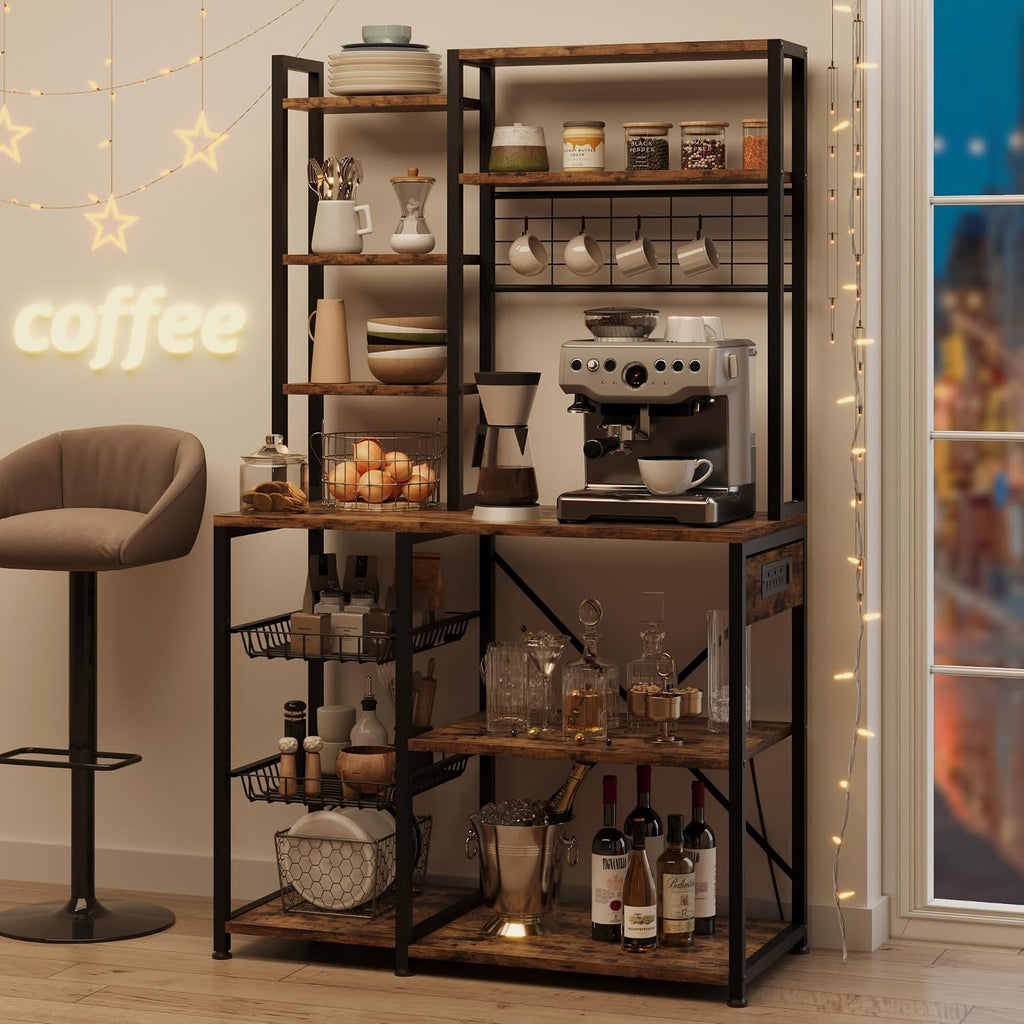 IDEALHOUSE Bakers Rack with Power Outlet, Microwave Stand with 2 Wire Drawer, Industrial Coffee Bar Station, 7-Tier Kitchen Bakers Rack with Large Storage for Spice, Pots Organizer, Rustic Brown