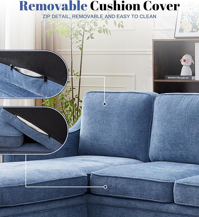 Kingfun 88" L-Shape Sofa, Chenille Sectional Couch, Mid Century Modern Couches with Solid Wood Frame for Living Room & Bedroom, Light Blue