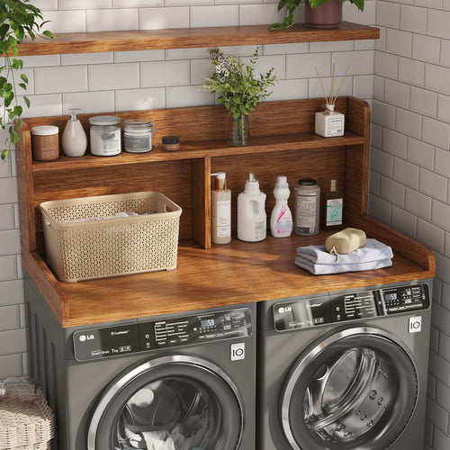 2-Tier Washer Dryer Countertop, 18.5" Raised Height Laundry Countertop with Edge Rails and Non-Slip Pad, 54"W x 27.55"D Washer and Dryer Topper for Laundry Room Storage Organization (Brown)