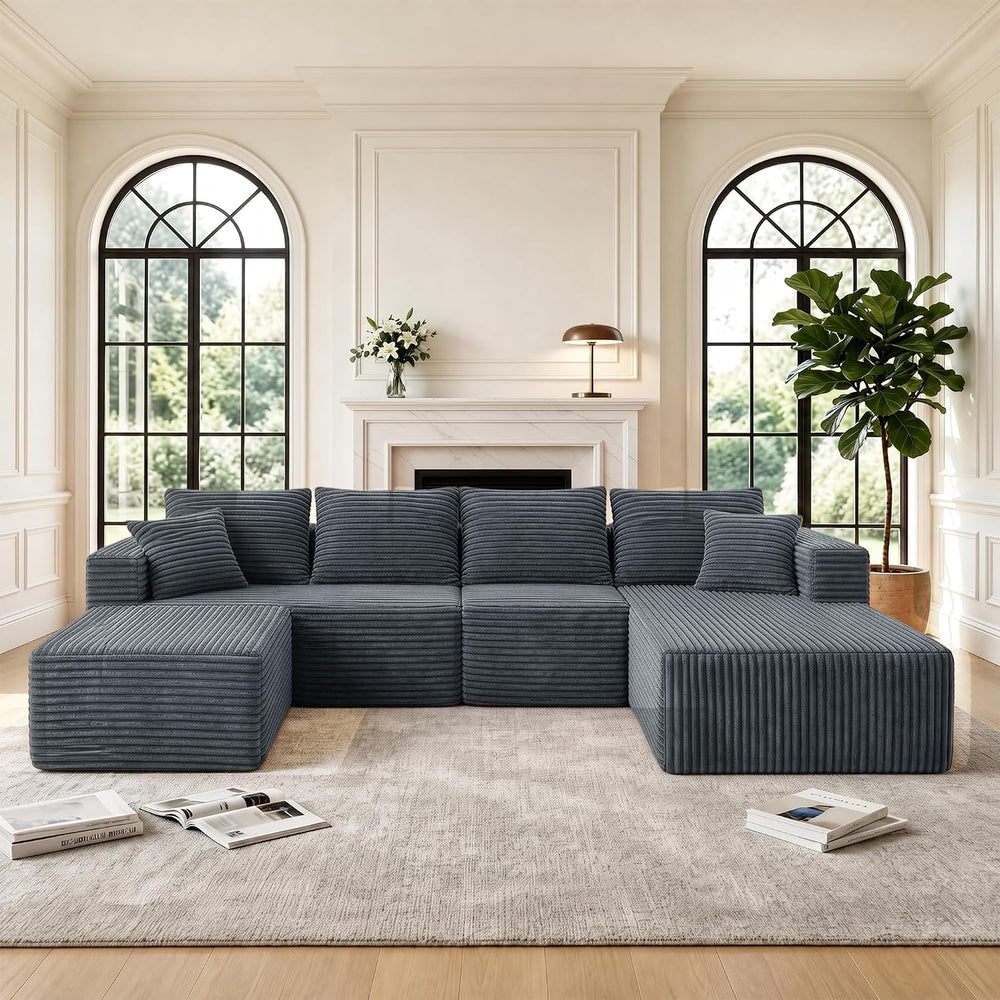 118 Inch U-Shaped Sectional Couch, Grey (Right Facing Chaise) | Corduroy Modu...