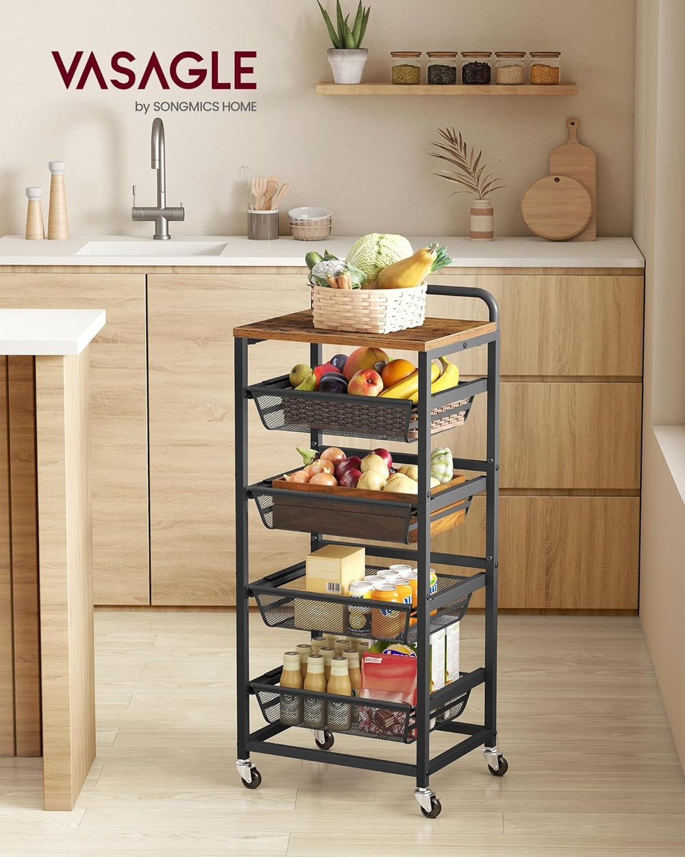 VASAGLE Storage Rolling Cart with Pull-Out Baskets, 5-Tier Utility Cart Orgni...