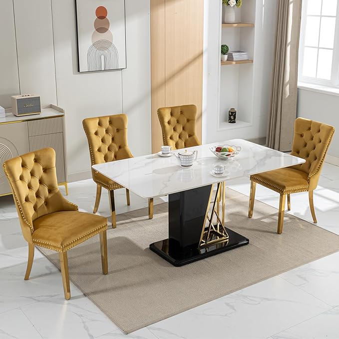 Mid Century Modern Dining Chairs Set of 4, Yellow Velvet Upholstered Tufted B...