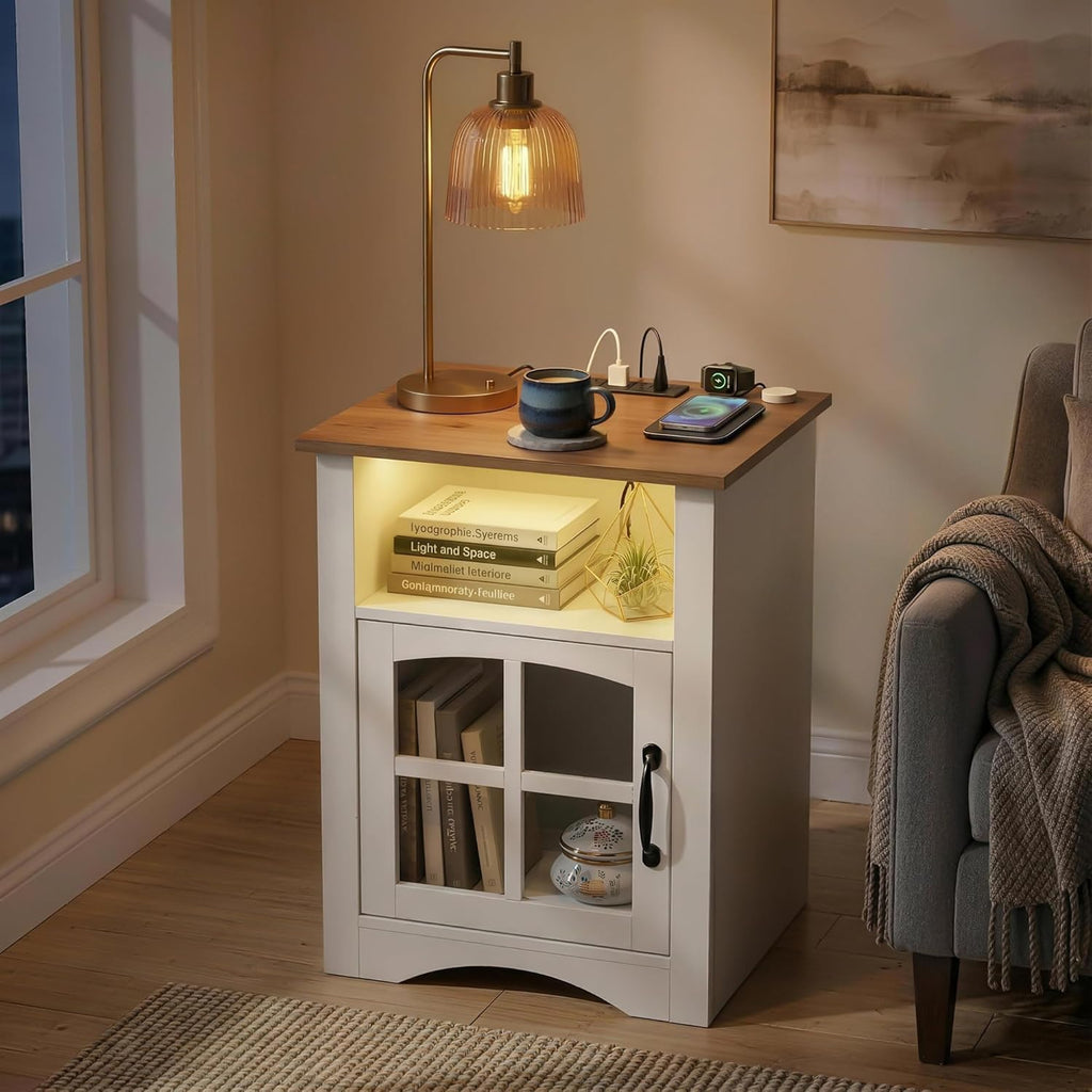 YESHOMY Farmhouse End Table with Charging Station, Night Stand with LED Light,Open Storage Shelf and Glass Door, Sofa Side Table for Living Room/Bedroom(White)