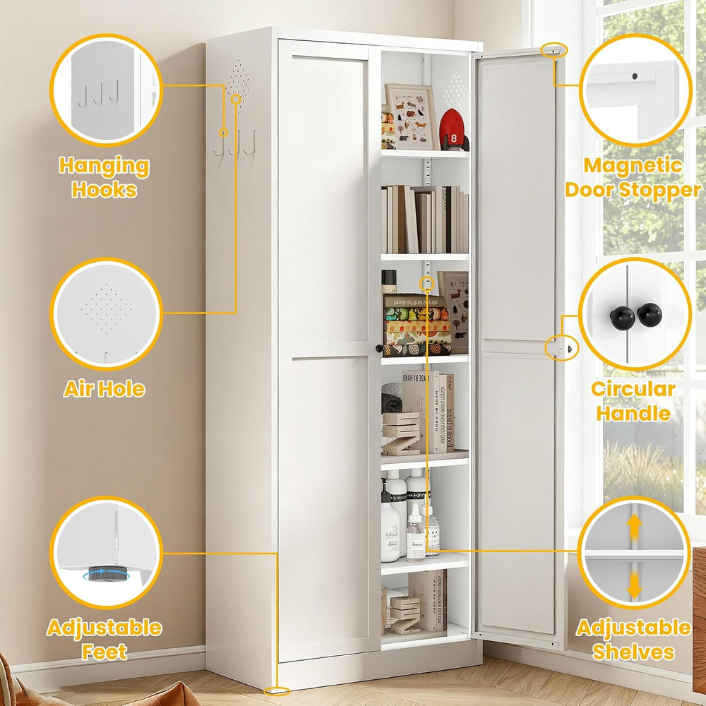 White Kitchen Pantry Cabinet, 72" Tall Metal Storage Cabinet with 2 Door...