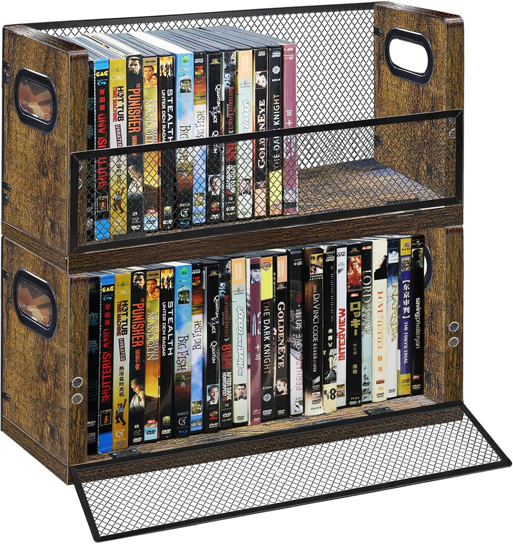 DVD Storage Box, 2 Pack Holds 56 DVDs 64 Blu ray, Stackable Media Organizer with Magnetic Door for CD, Video Game Cases, Shelf Organizer