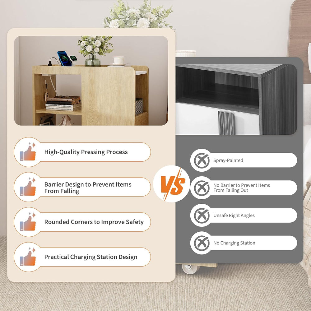 End Table with Charging Station, Mobile Side Table with Drawer, 3-Level Adjus...