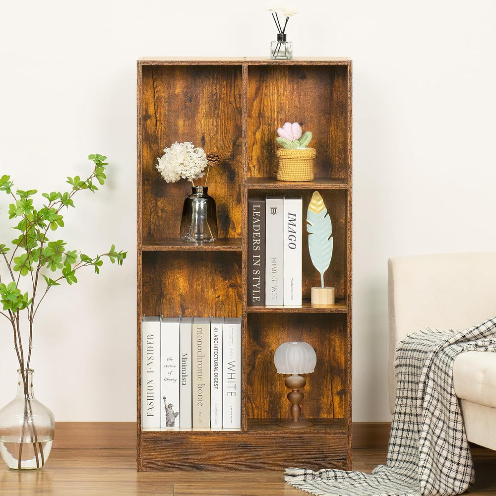 LEYAOYAO 5 Cube Mid-Century Modern Brown Wood Bookcase, 3 Tier Storage Organi...