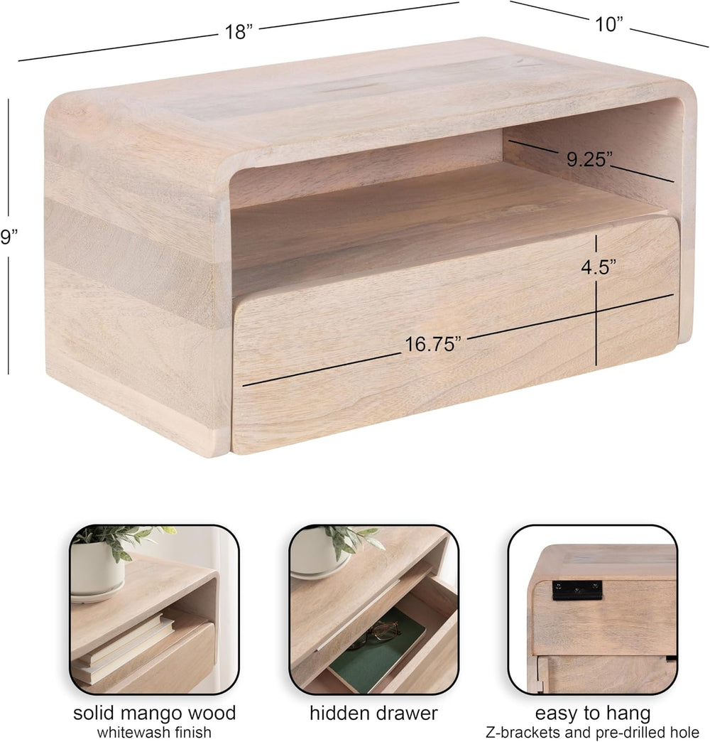 Kate and Laurel Kato Modern Mango Wood Floating Side Table with Drawer, 18 x ...