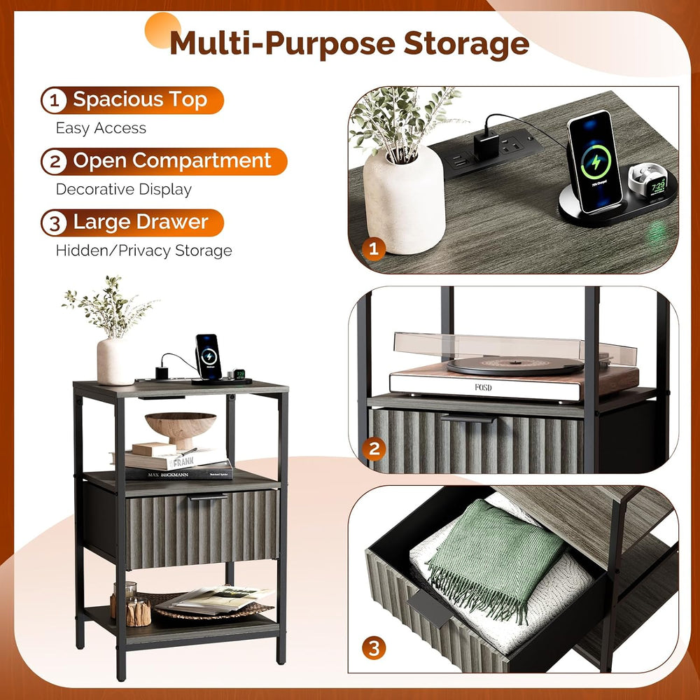 Bonnlo Fluted Nightstand Set of 2, End Table with Fabric Drawer with Charging...
