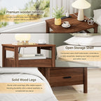 Night Stand with Charging Station, 20" Large Modern Side Table with Solid Round Post Legs, 2 Drawers Nightstand with Open Shelf, End Table/Bedside with Storage for Bedroom, Walnut
