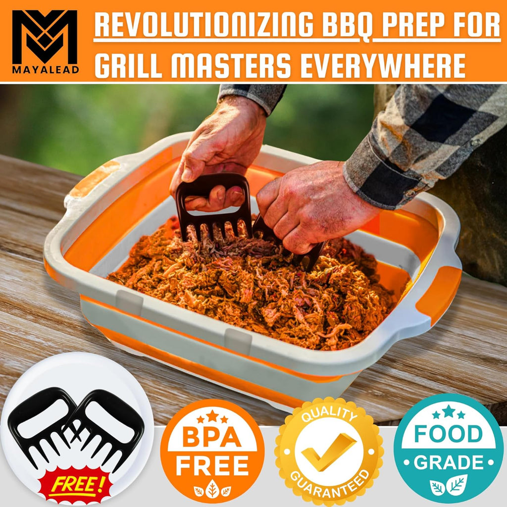 MAYALEAD BBQ Prep Tub with 2 Pcs Meat Shredder Claws, Collapsible Cutting Board, Cutting Board with Locking Lids, Drip Easy BBQ Prep Tub with lid-XL Size (Orange)