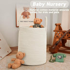 Large Woven Laundry Basket Hamper,60L Cotton Rope Storage Bin for Blankets,Toys and Clothes,Decorative Tall Nursery Hamper for Living Room,Baby Nursery,Bathroom and Bedroom,White