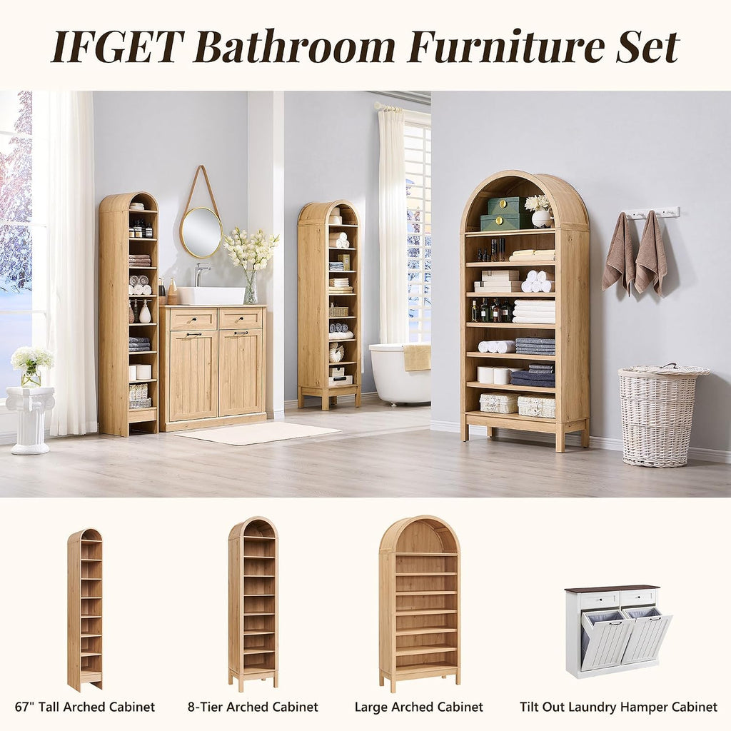 IFGET 71" Tall Arched Shoe Storage Cabinet, 8 Tiers 16 Pairs Wooden Shoe Rack with 3 Adjustable Shelves, Freestanding Shoe Closet Shelf Organizer for Entryway, Hallway, Living Room (Natural)