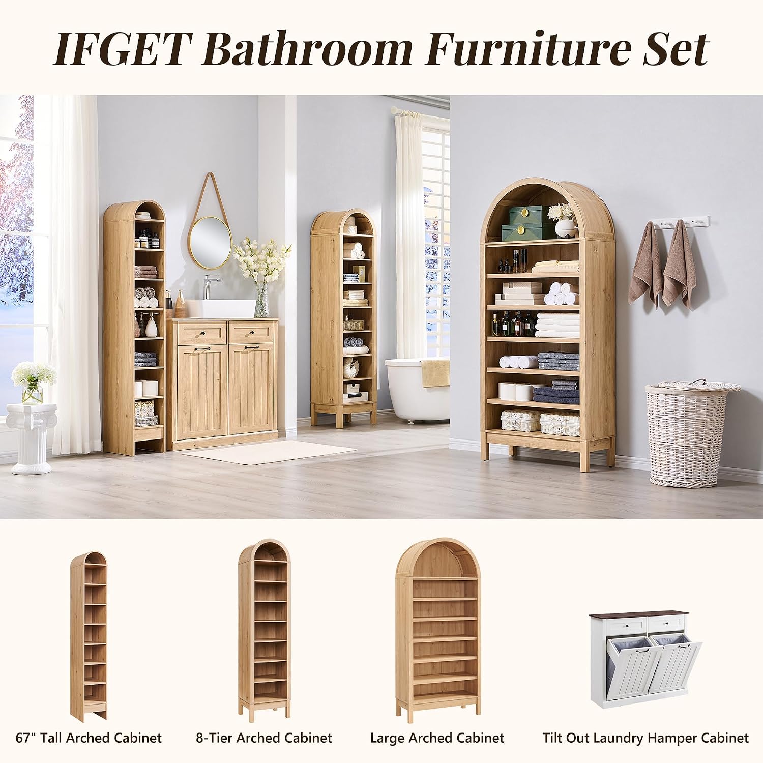 IFGET 71" Tall Arched Shoe Storage Cabinet, 8 Tiers 16 Pairs Wooden Shoe Rack with 3 Adjustable Shelves, Freestanding Shoe Closet Shelf Organizer for Entryway, Hallway, Living Room (Natural)